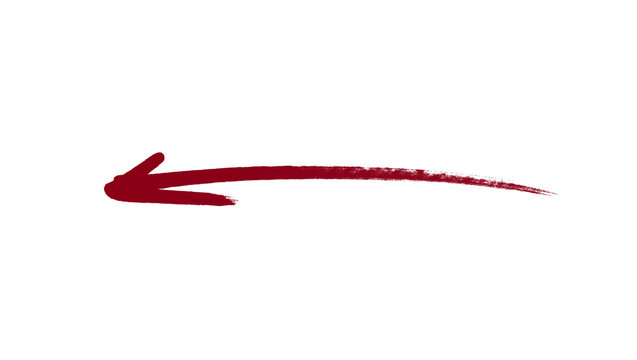 Fine marker style maroon red arrow pointing left, a rough hand drawn direction sign with a textured ink edge on white, drawn as a slim single stroke, with a natural hand made look, uneven edges and a 