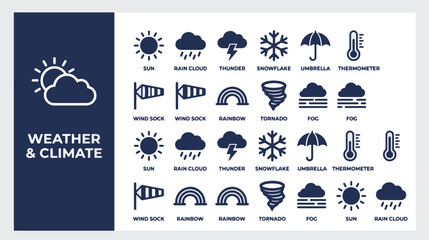 Obraz premium Weather and climate solid icon set. Includes symbols for sun, rain cloud, thunder, snowflake, and thermometer. Vector graphics for meteorological forecasting and climate apps.