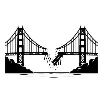 silhouette of a classic suspension bridge with support towers, featuring a dramatic collapse where the center deck is broken and falling into a wide gap.

