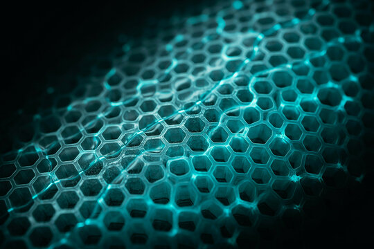 Close up of a dark blue glowing hexagonal honeycomb grid with flowing water creating ripples and light reflections on the geometric surface