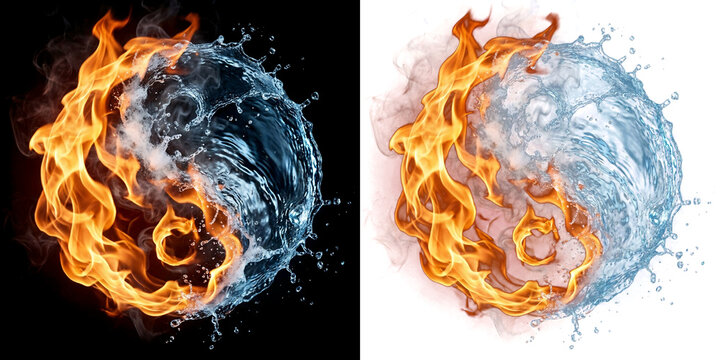Png of yin and yang symbol made of fire and water elements, representing balance and duality, creative conceptual art design isolated on transparent background