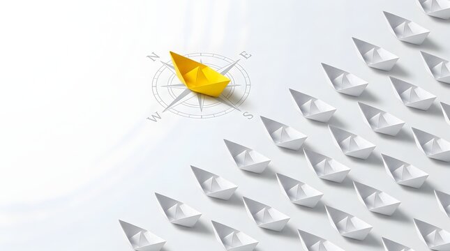 Yellow paper boat leads a fleet of white paper boats with a compass graphic in the background symbolizing leadership and direction.