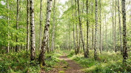 Obraz premium Dirt path through a forest of silver birch trees