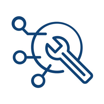 Minimalist blue outline icon representing technical support and maintenance network connectivity transparent background