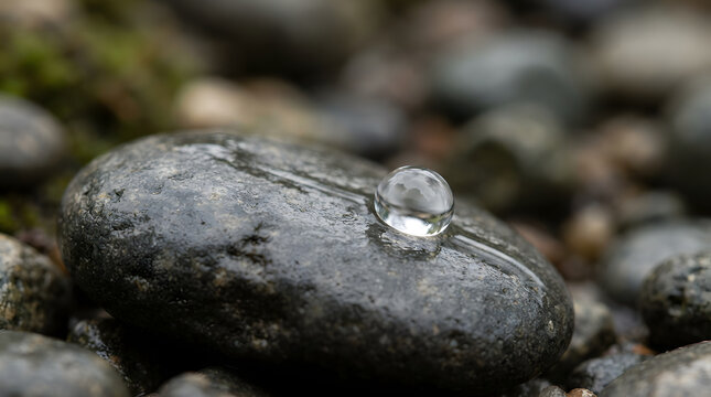 A clear water droplet resting on a wet smooth gray stone among pebbles