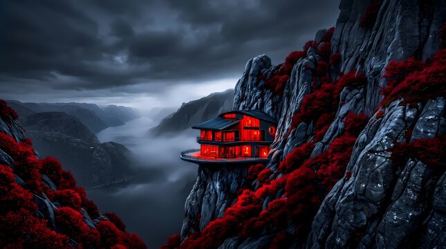 Cliffside modern house with glowing red interior lights perched on a steep rocky mountain edge. Dark moody sky and foggy fjord landscape background. Dramatic architectural fantasy photo