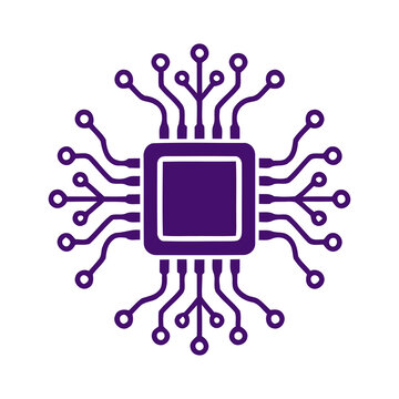 Purple digital computer processor chip icon with electronic circuit connections transparent background