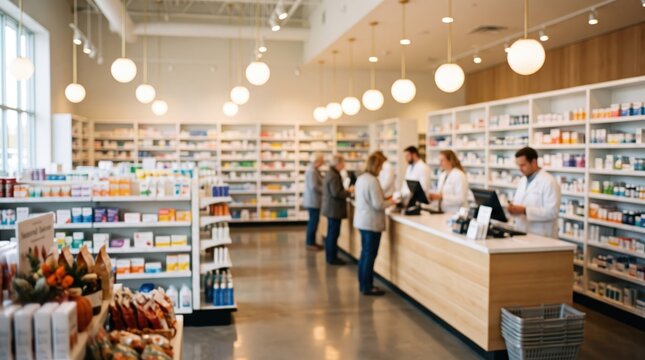 A modern, brightly lit pharmacy interior with pharmacists assisting customers at the checkout counter, surrounded by shelves stocked with medicine and warm globe pendant lighting overhead in a clean.