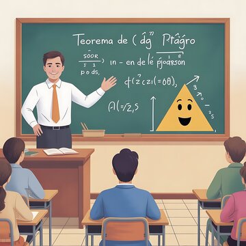 Male teacher explaining Pythagorean theorem on chalkboard to diverse students in classroom