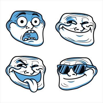 Set Of Funny Meme Faces And Troll Expressions In Blue And White Vector Illustration