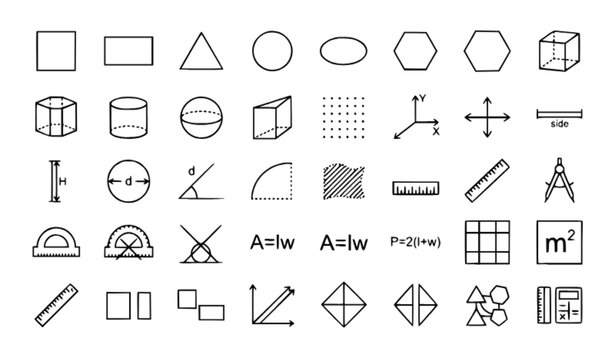 Geometry Area Perimeter Dimension Formula Shape and Mathematical Measurement Outline Icons