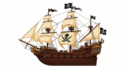 Ornate Pirate Galleon Ship with Griffin Figurehead and Jolly Roger Sails © Nurhayati
