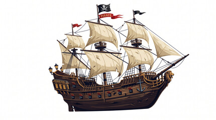 Vintage Pirate Ship The Black Pearl with Crew and Lion Figurehead Illustration © Nurhayati
