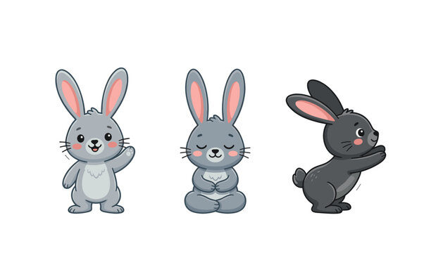 Cute cartoon bunny rabbits set featuring gray and black hares waving meditating and standing isolated vector design