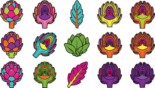 Vibrant vector set of colorful pop art artichoke icons including whole vegetables halves slices and green leaves