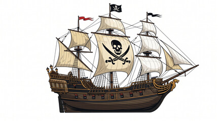 Pirate Galleon Ship with Skull Crossed Swords Sail Vector Illustration © Nurhayati