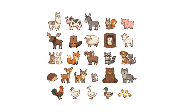 Cute cartoon farm and forest animals vector mega set with bear fox deer cow llama isolated on white background