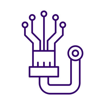 Purple outline icon of a digital circuit board connector with integrated cable lines transparent background