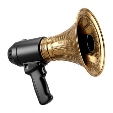 A luxury golden megaphone with intricate patterns on black background