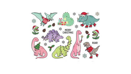 Cute Christmas dinosaurs vector set featuring cartoon dino characters in winter sweaters and santa hats for holiday stickersPrint © Mun