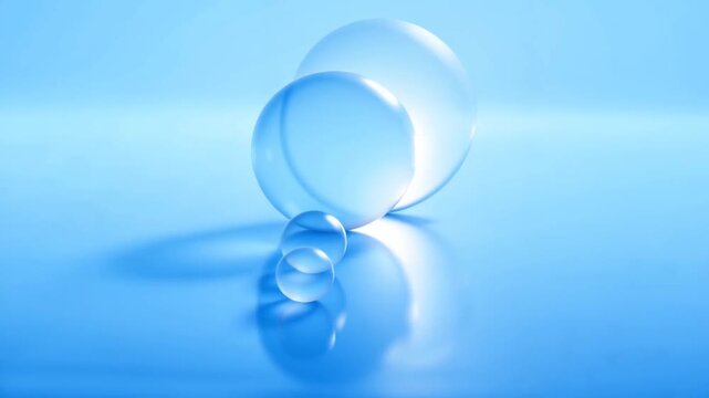 Transparent spheres rolling on reflective blue surface with light reflections