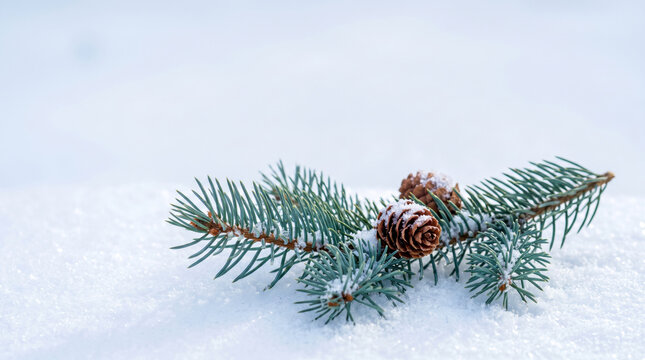 Evergreen branch with pinecone rests beneath falling snow in a peaceful winter landscape