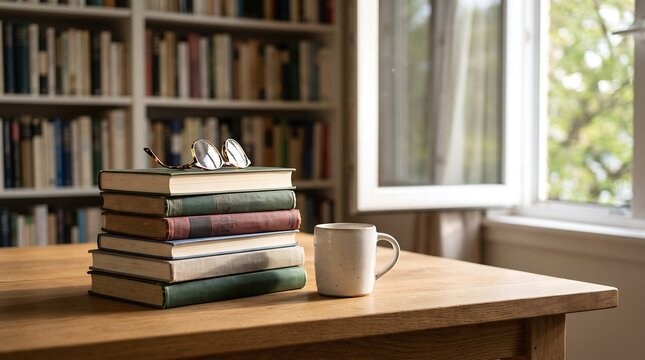 Stack of hardcover books with reading glasses and coffee mug by open window for reading, relaxation, study break, book club, literature lovers and peaceful home library moments
