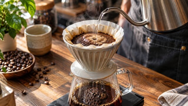 Pour-over coffee dripping through a paper filter