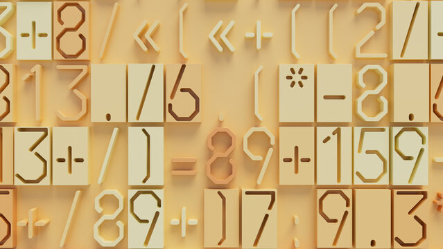 Three-Dimensional Geometric Shapes in Beige and Orange with Numbers and Symbols on Light Yellow Background for Creative Design Projects
