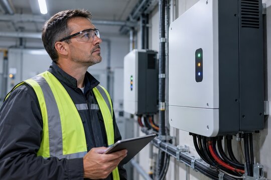 Technician inspecting a closed inverter cabinet