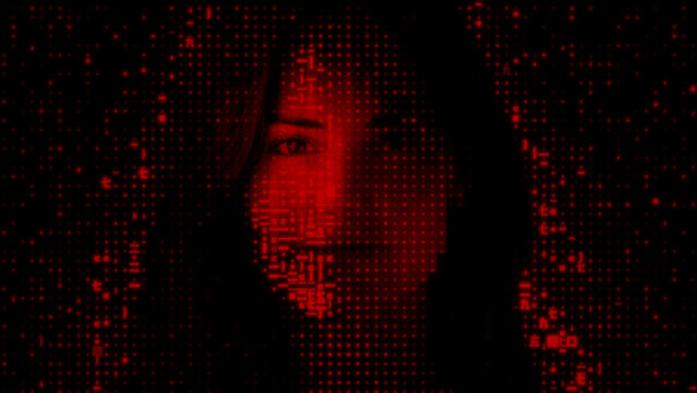 Female Face formed from Digital Code. Dark Web Data Leak Concept.