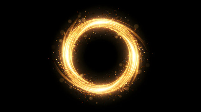 Glowing golden light ring with sparkling particles, magic fire circle on black background, ethereal luminous swirl for luxury branding and cinematic effects