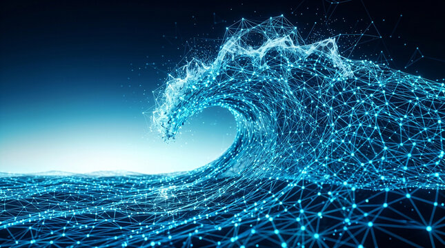 Digital wave crashing data stream concept art with glowing network nodes