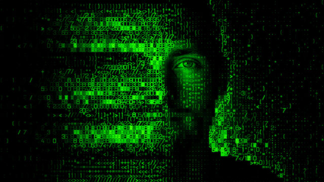 Man's Face dissolving into Code Fragments, symbolising Digital Twin Concept.