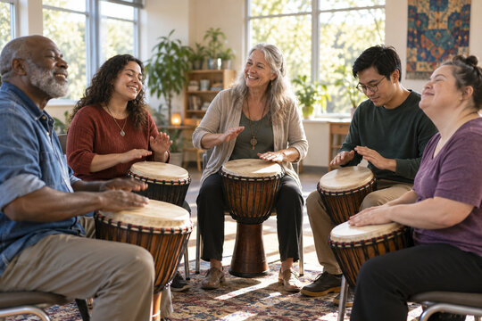 Men and women play hand drums during a group therapy session. Diverse participants share rhythm in a bright room. Music therapy supports connection and wellbeing.