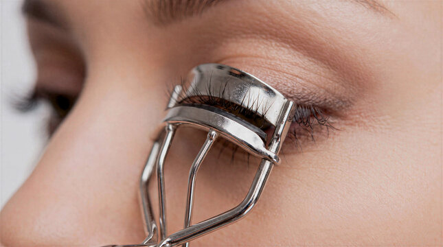 Close-up of a woman using eyelash curler on her lashes  