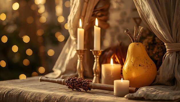 Autumn harvest tabletop setup with white candles and a golden pear fall decor candle light harvest season thanksgiving decor cozy interior table centerpiece seasonal fruit decorative