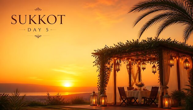 Traditional outdoor sukkah booth for the jewish festival of sukkot with religious holiday palm tree festival decor outdoor dining evening sky jewish tradition outdoor structure