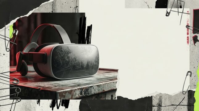 Punk-Inspired VR Horror Gaming Banner with High-Tech Scratched Virtual Reality Headset, Gritty Collage Background, and Large Copy Space for Advertising and UI Placement