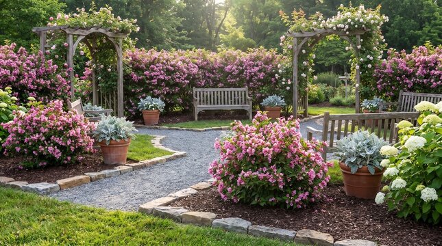 Lush formal garden path lined with blooming pink weigela shrubs, wooden pergolas, benches, and potted plants in warm morning light.   