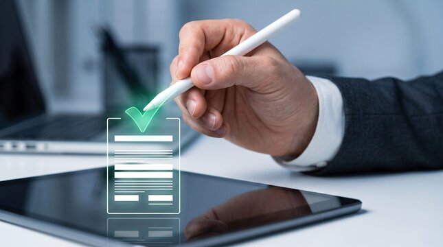 Electronic Signature Legal Validation Close Up Hand With Stylus Ticking Digital Contract Hologram On Tablet For Paperless Corporate Agreement Execution, Regulatory Compliance And Business Data Audit