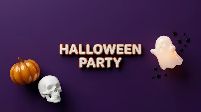 Halloween party text with pumpkin skull and ghost decorations on a dark purple background flat lay