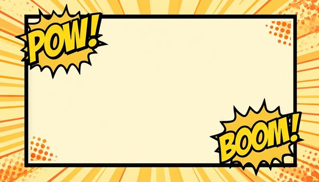 Retro comic book template with pow and boom explosions on orange sunburst background