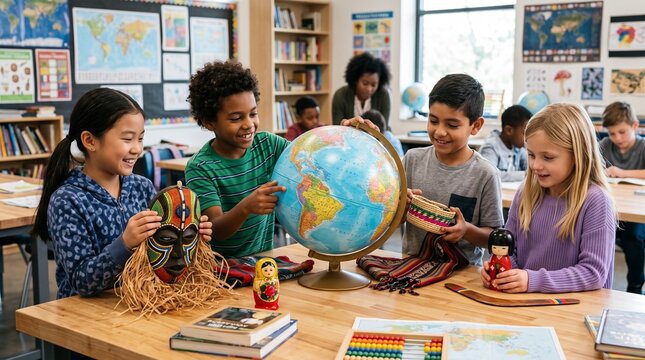 Diverse Children Learning Global Geography and Culture in Classroom