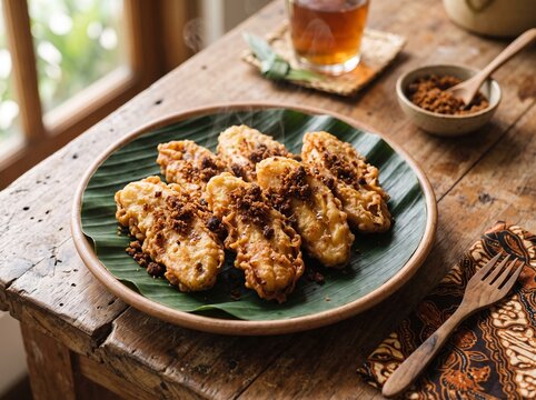 Indonesian fried banana fritters pisang goreng with palm sugar on banana leaf plate on rustic wooden table