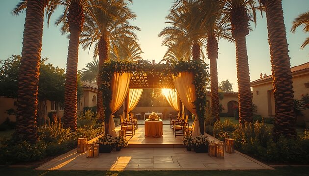 Outdoor wedding pavilion canopy decorated with flowers surrounded by palm trees at sunset light wedding altar garden venue ceremony decor floral arch tropical wedding golden hour