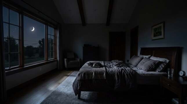 Peaceful bedroom scene at night with a cat resting on the bed and moonlit view outside.