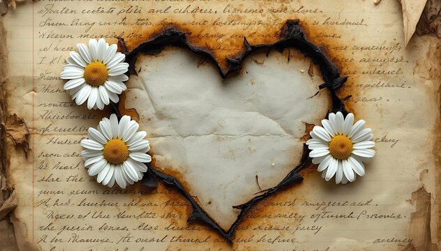 Scorched heart on aged letter with daisies