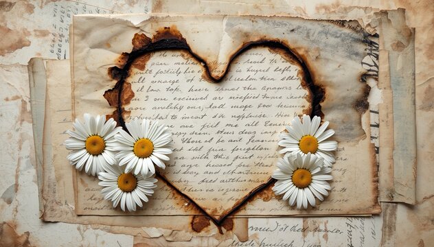 Torn paper heart framed with white daisies