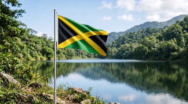 Jamaican flag waving on silver pole against tropical lake and lush green mountain landscape background